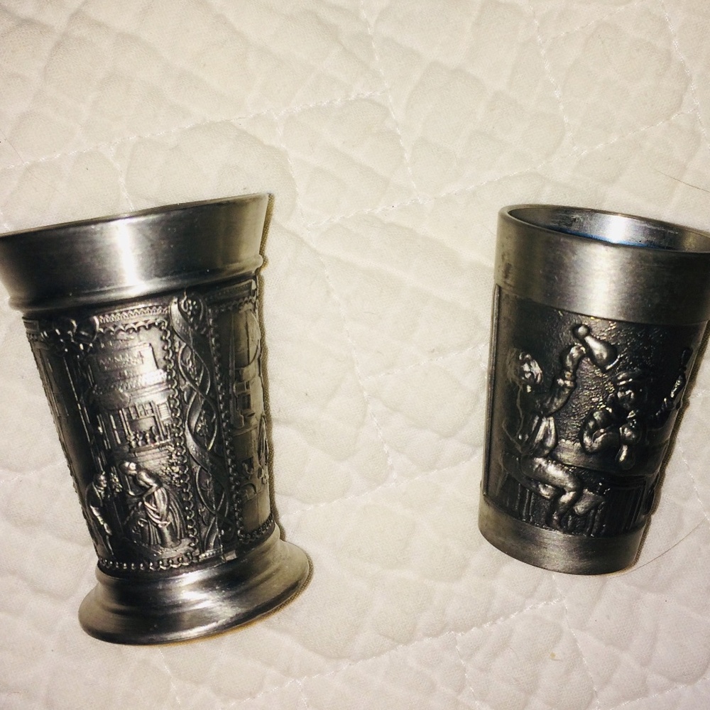 Vintage, rare  beautifully detailed Pewter shot cups stamped Rein Zinn